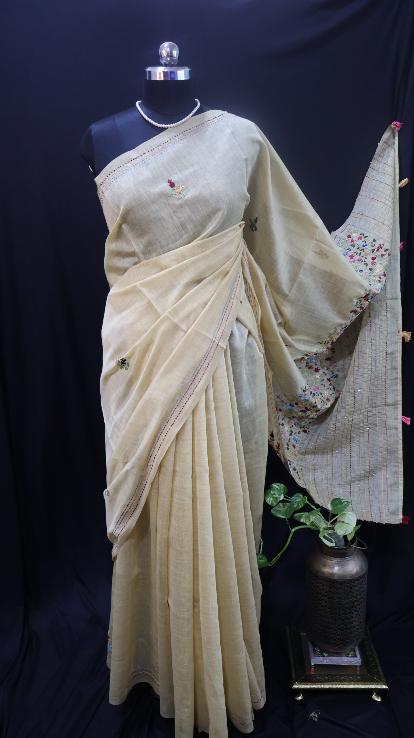 Golden Beige Mul Chanderi Saree with Bullion, Kantha & French Knot Hand Embroidery