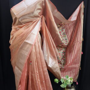Handcrafted Crush Tissue Saree with Bullion & Kantha Stitch Work -Peach