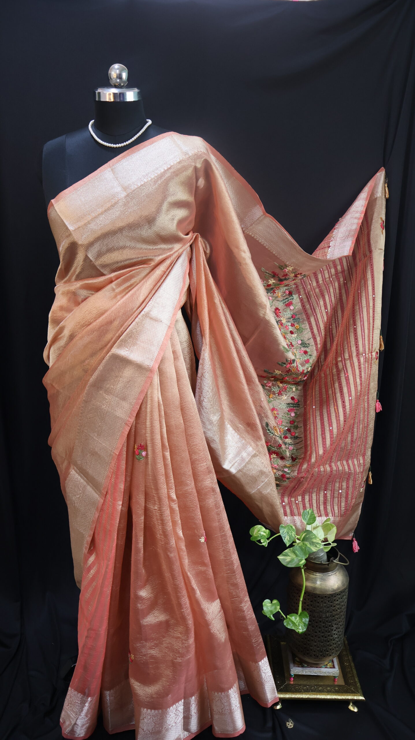 Handcrafted Crush Tissue Saree with Bullion & Kantha Stitch Work -Peach