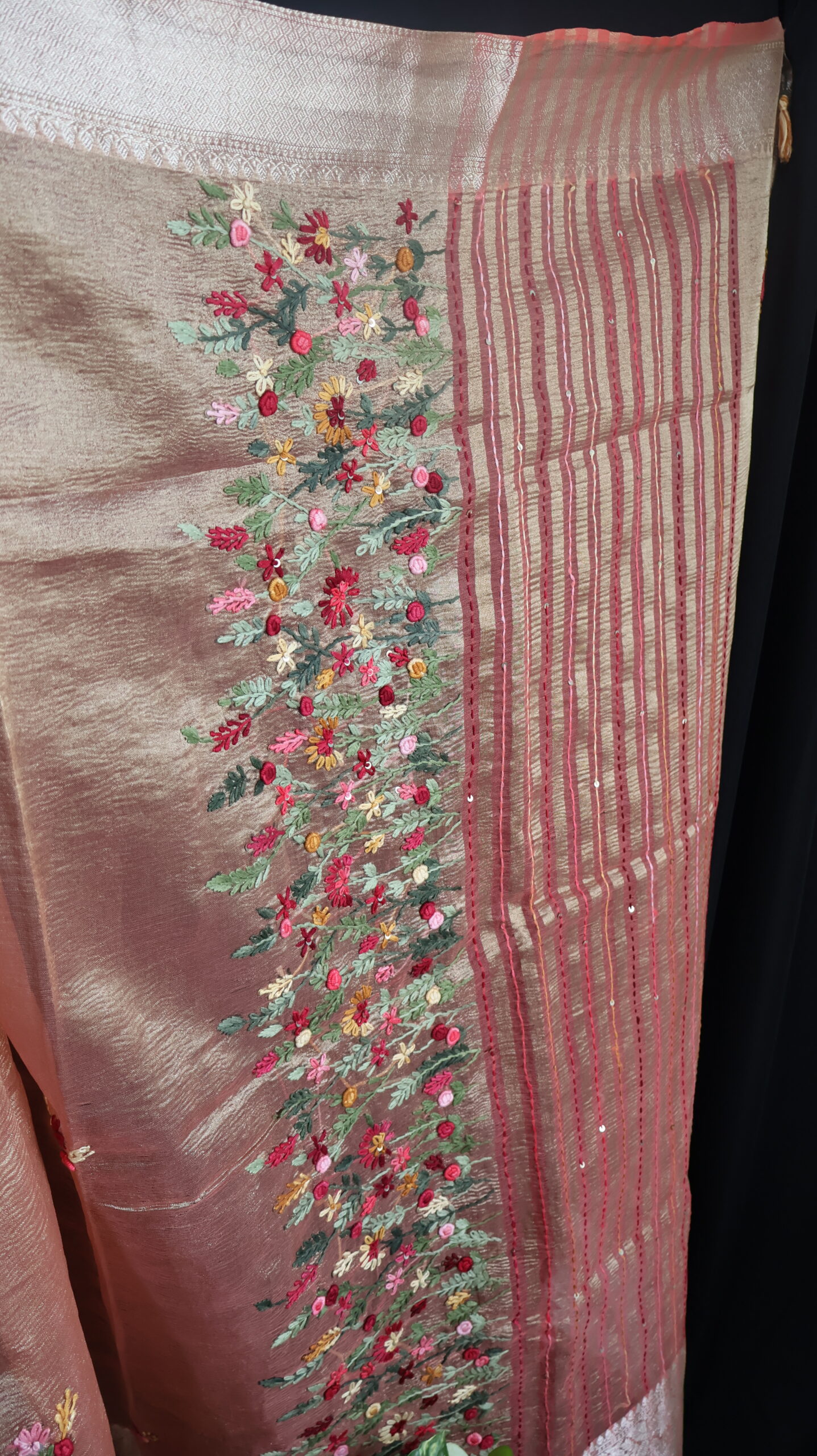 Handcrafted Crush Tissue Saree with Bullion & Kantha Stitch Work -Peach - Image 2