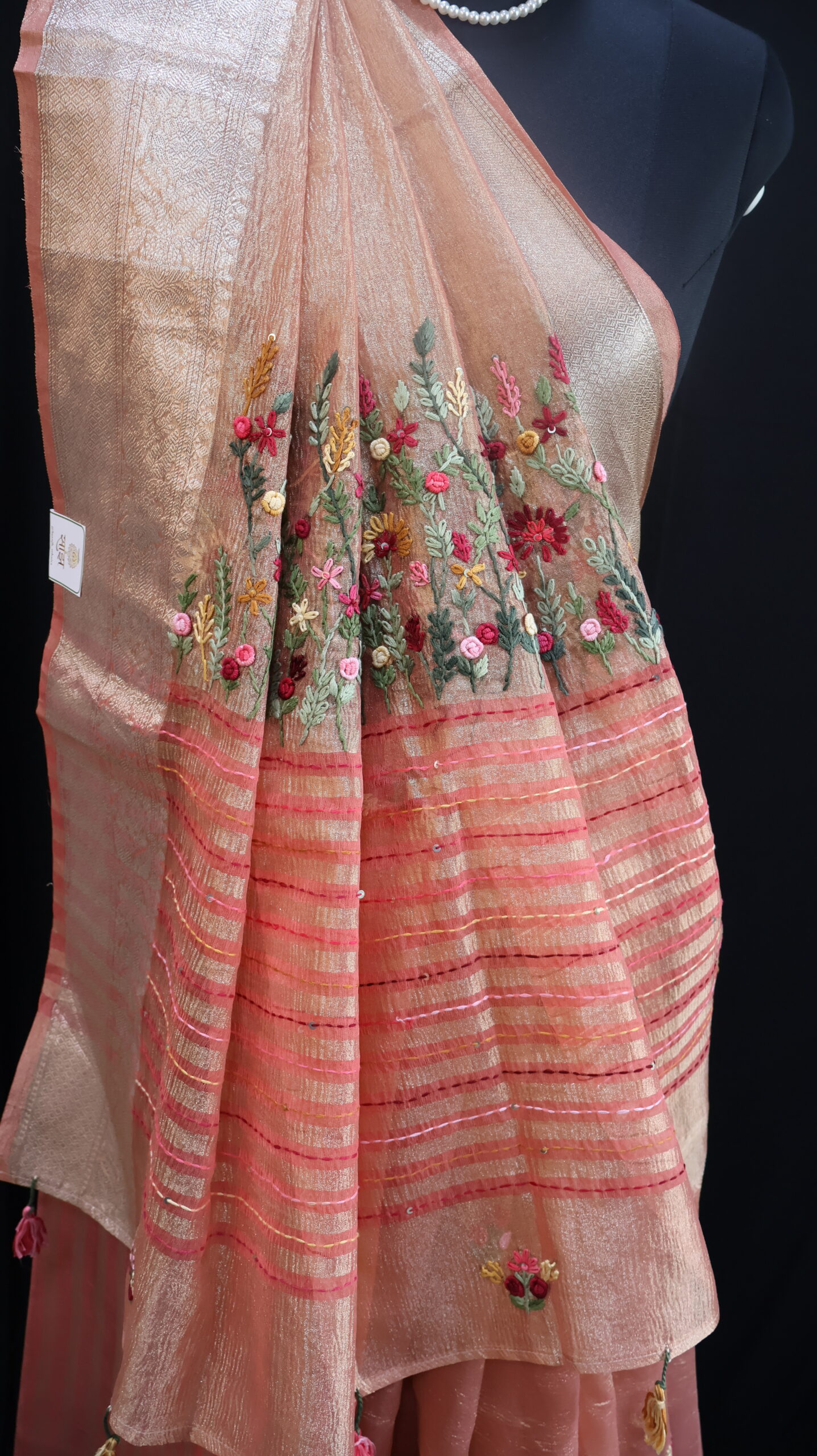 Handcrafted Crush Tissue Saree with Bullion & Kantha Stitch Work -Peach - Image 4